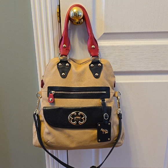 Handbags - Chic Tan and Red Shoulder Bag with Black Accents